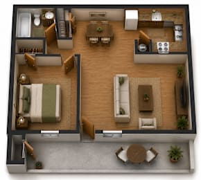 A top-down view of a two-bedroom apartment with a living room, kitchen, and bathroom.