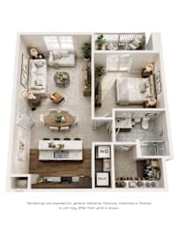 A top-down view of a well-furnished apartment with a kitchen, living room, dining area, and bedrooms.
