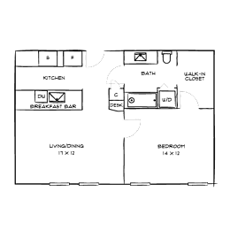 A floor plan of a house with a kitchen, living room, dining room, bathroom, bedroom, and walk-in closet.