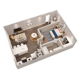 A 3D floor plan of a small apartment with a kitchen, living room, and bedroom.