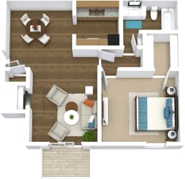 arial view of a room with furniture and a table