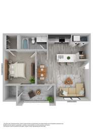 A floor plan of a small apartment with a living room, kitchen, and bathroom.