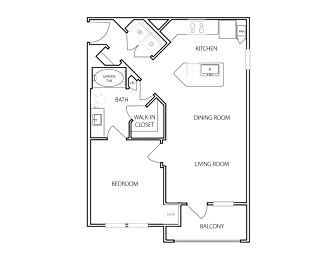 A floor plan of a house with a living room, dining room, bedroom, and bathroom.
