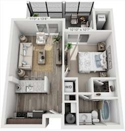 A floor plan of a small apartment with two bedrooms and a living area.