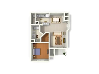A floor plan of a house with a kitchen, living room, and two bedrooms.