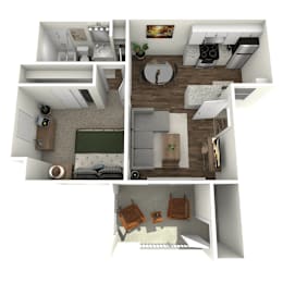 A 3D rendered image of a small apartment with a living room, kitchen, and bedroom.