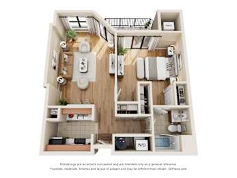 A 3D floor plan of a small apartment with a kitchen, living room, and bathroom.