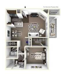A diagram of a small apartment layout with a kitchen, dining area, bedroom, and closet.