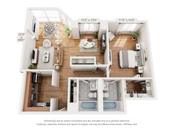 A 3D floor plan of a house with a kitchen, living room, and two bedrooms.