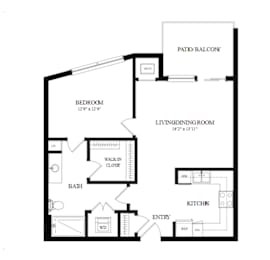 A floor plan of a home with a bedroom, bathroom, living room, and kitchen.