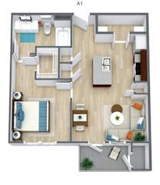A 3D floor plan of a small apartment with a kitchen, living room, and bathroom.