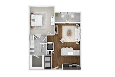 A top down view of a small apartment with a bedroom, living room, and kitchen.