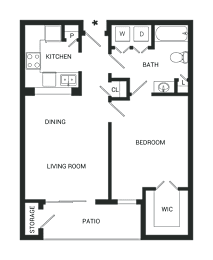 A floor plan of a house with a kitchen, bathroom, dining area, bedroom, living room, and patio.
