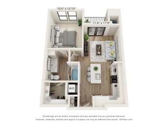 A 3D rendered image of a small apartment layout.