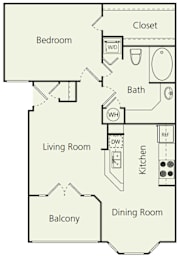 A floor plan of a house with a bedroom, living room, kitchen, dining room, and balcony.