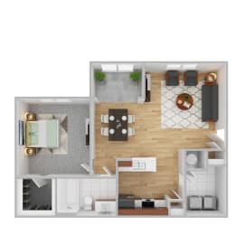 a stylized floor plan with a bedroom and living room