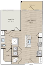 A floor plan of a home with a bedroom, living/dining area, and closet.
