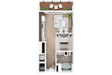 A floor plan of a small apartment with a kitchen, living room, and bathroom.