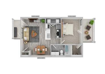 A floor plan of a small apartment with a kitchen, living room, and bathroom.