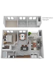 A 3D floor plan of a 708 square foot apartment.