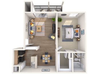 a stylized floor plan with a bedroom and a living room