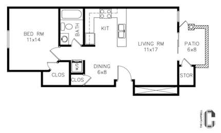 A black and white floor plan of a house with a bedroom, bathroom, kitchen, dining room, living room, and patio.
