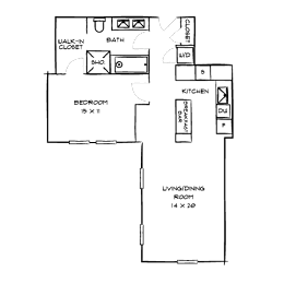 A floor plan of a house with a bedroom, bathroom, living room, kitchen, and walk-in closet.