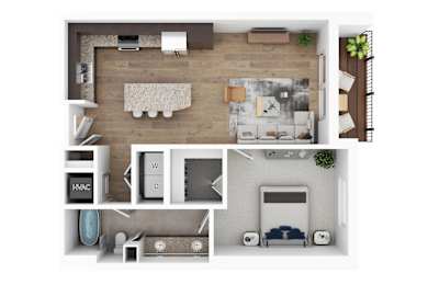 A top-down view of a small apartment with a kitchen, living room, and bathroom.