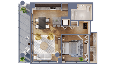 A top-down view of a living room with a dining area and kitchen.