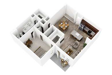 A white two-story house with a living room, dining room, kitchen, and bedrooms.
