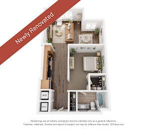 A 3D floor plan of a newly renovated apartment.