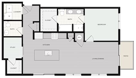 A floor plan of a house with a living room, kitchen, bedroom, and study.