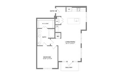 A floor plan of a home with a balcony, bath, and living/dining area.
