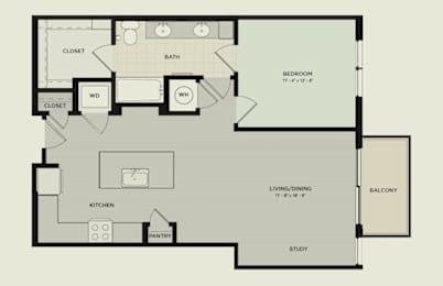A floor plan of a house with a bedroom, living room, kitchen, pantry, and two closets.