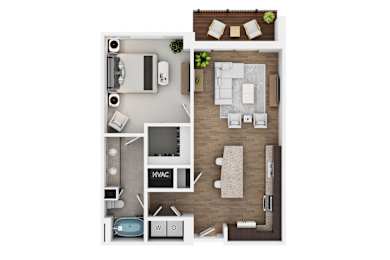 A top-down view of a room with a kitchen, living room, and bathroom.