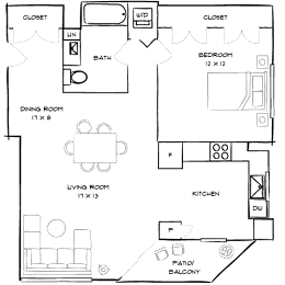 A floor plan of a house with a living room, dining room, kitchen, and bedrooms.