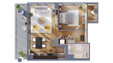 A top-down view of a house layout with a living room, dining area, kitchen, and bedrooms.