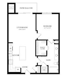 A black and white floor plan of a home with a living room, kitchen, patio, balcony, and bathroom.