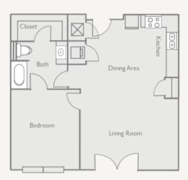 A floor plan of a living space with a bedroom, bathroom, dining area, kitchen, and closet.