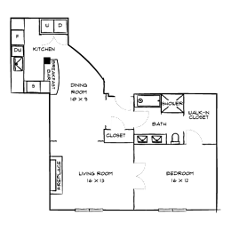 A floor plan of a house with a kitchen, dining room, living room, bedroom, bathroom, and walk-in closet.