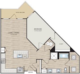 A floor plan of a house with a living room, dining room, bedroom, and bathroom.