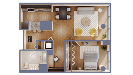 A top-down view of a house layout with a living room, dining area, kitchen, and bedrooms.