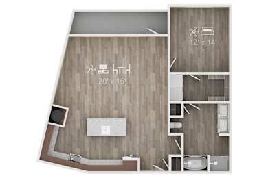 A floor plan of a room with dimensions and furniture layout.