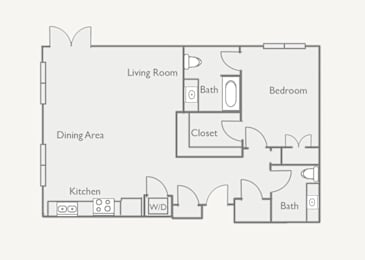 A floor plan of a small apartment with a living room, dining area, kitchen, bedroom, and bathroom.