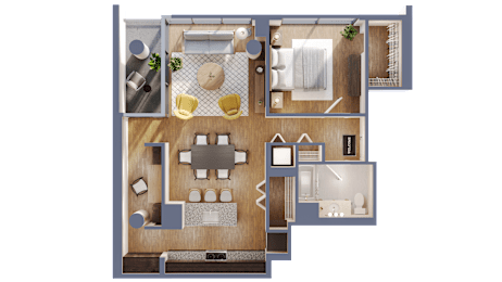 A top-down view of a house layout with a kitchen, living room, and bedrooms.