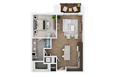 A top-down view of a house layout with a kitchen, living room, dining room, and bathroom.