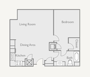 A floor plan of a small apartment with a living room, dining area, kitchen, bedroom, and bathroom.