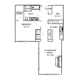 A floor plan of a house with a bedroom, bathroom, kitchen, living room, and closet.
