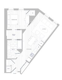 A floor plan of a house with a bedroom, bathroom, kitchen, living room, and dining room.