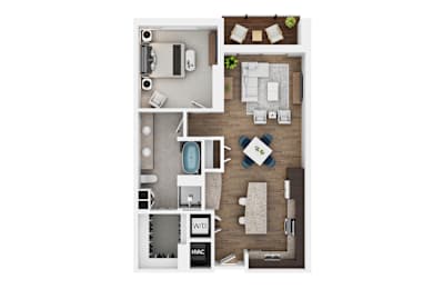 A floor plan of a house with a kitchen, living room, and bathroom.